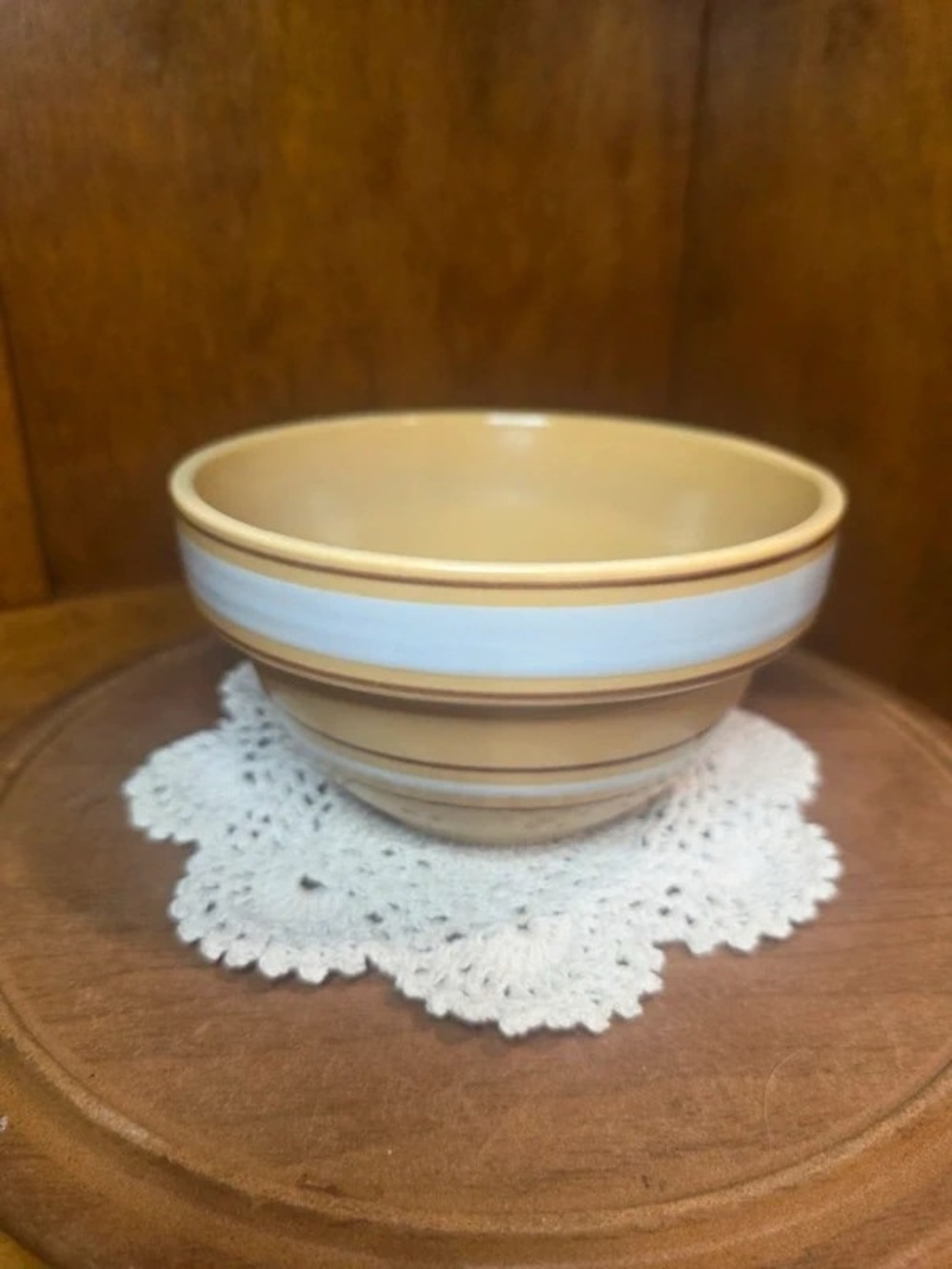Cream and Tan Striped Ceramic Serving Bowl